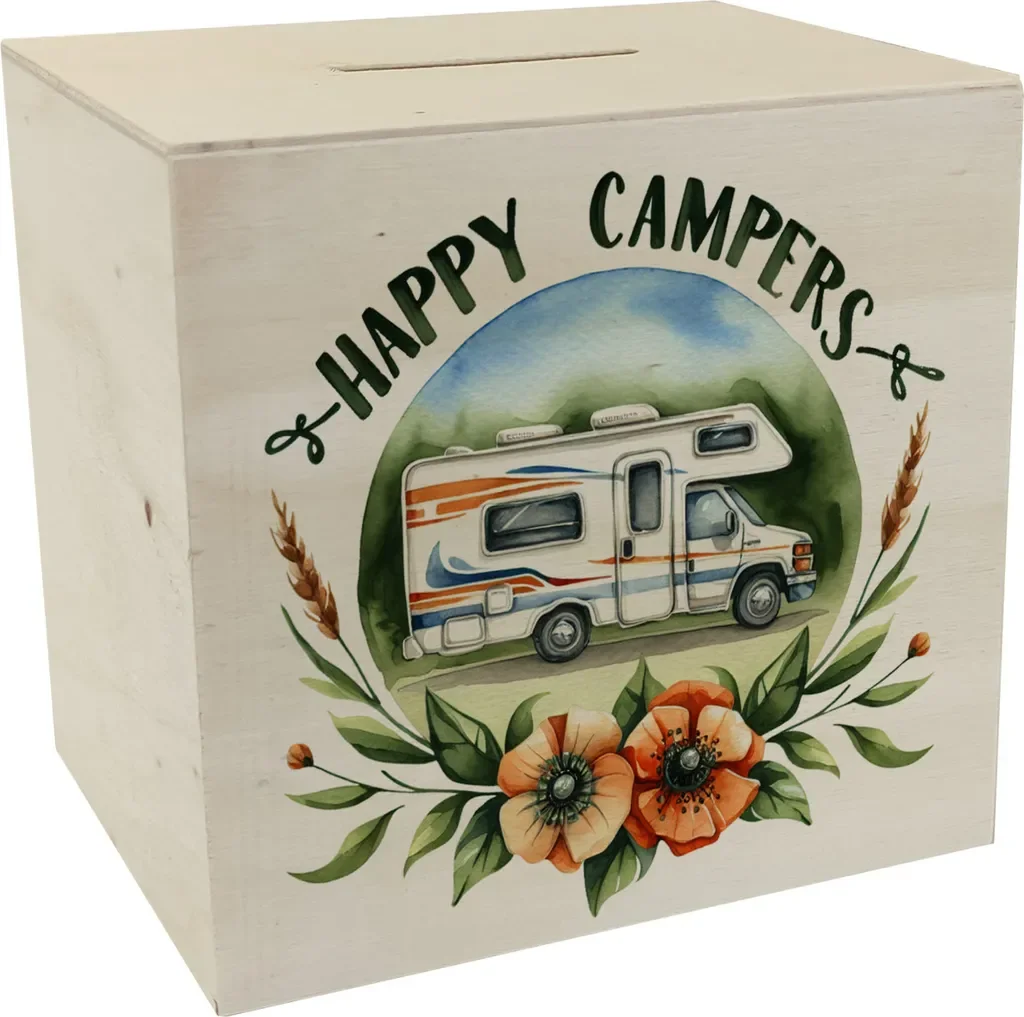 Happy Campers Spardose Holz Wohnmobil Motiv Geschenk Deko