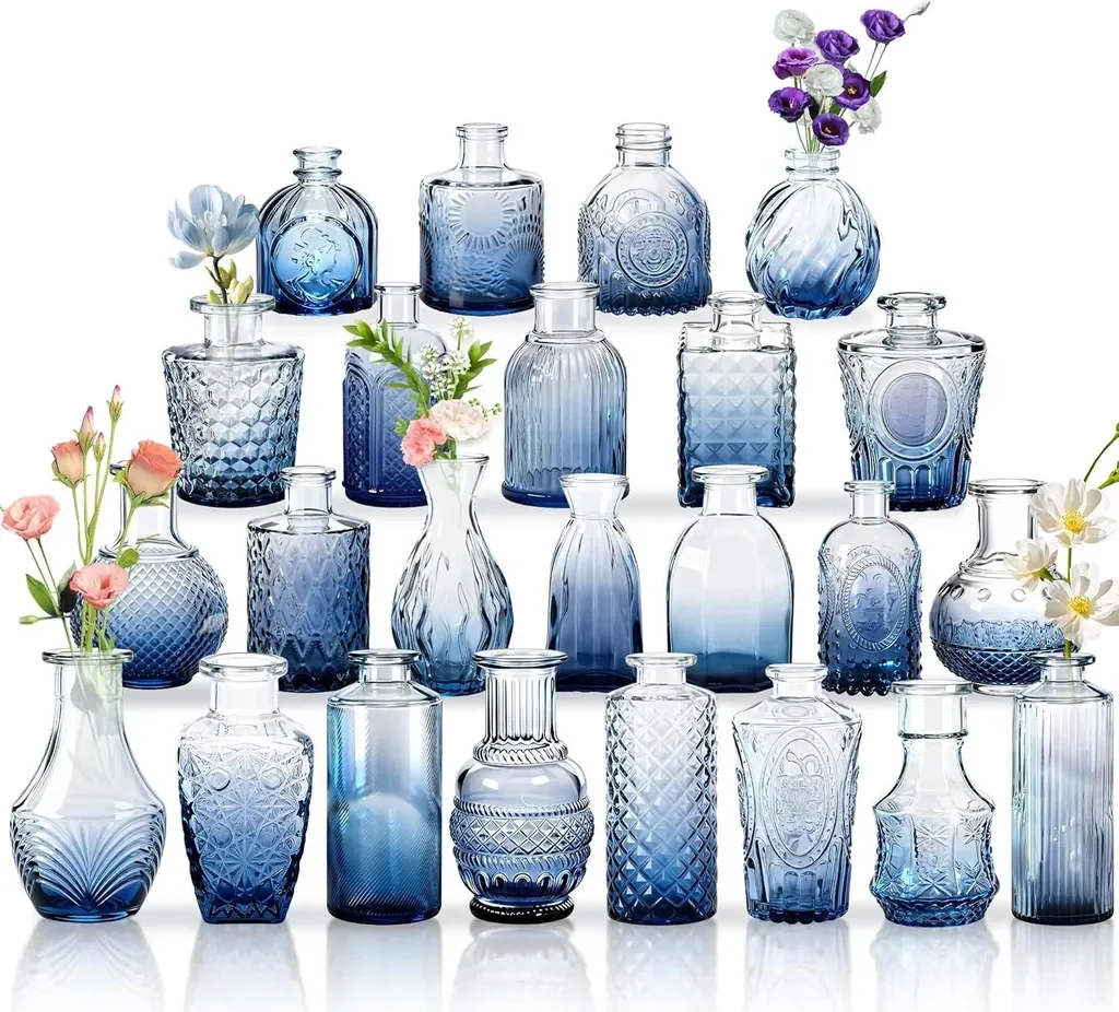 JOIEYOU 24er Set Mini Glasvase mit Geschnitzten Verzierungen Blau